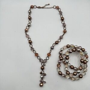 VTG Beaded‎ Teardrop Necklace & Bracelet Set Bronze Crystal Copper Tone 20"